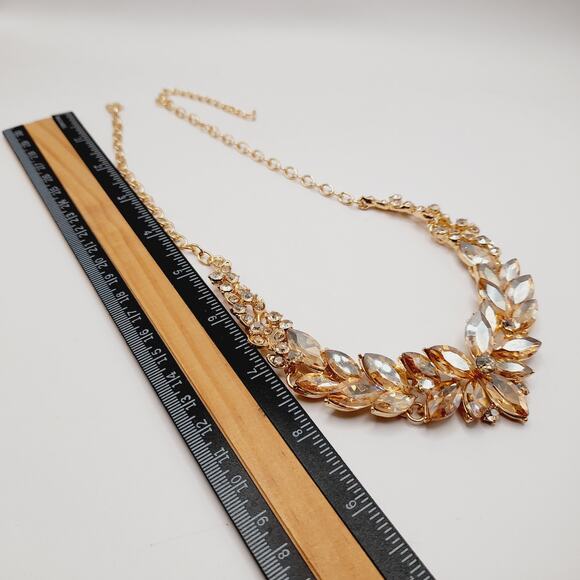 Gold Tone Crystal Rhinestone Statement Necklace, 19", Faceted Marquise Stones - Picture 9 of 10
